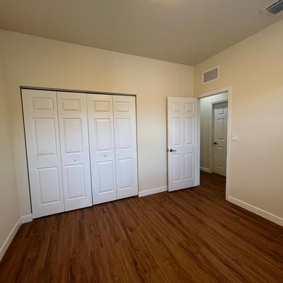 Finished room with wood-look flooring